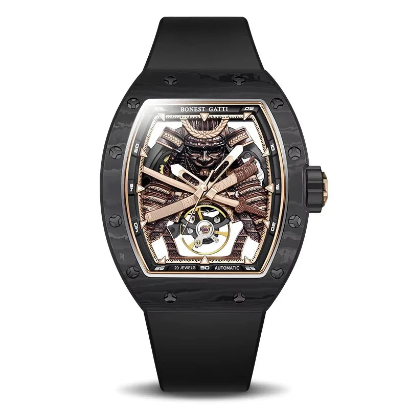 BONEST GATTI Carbon Fiber Case Men Automatic Movement Wristwatch Skeleton Warrior Sapphire Glass Mechanical Watches for Men 2025