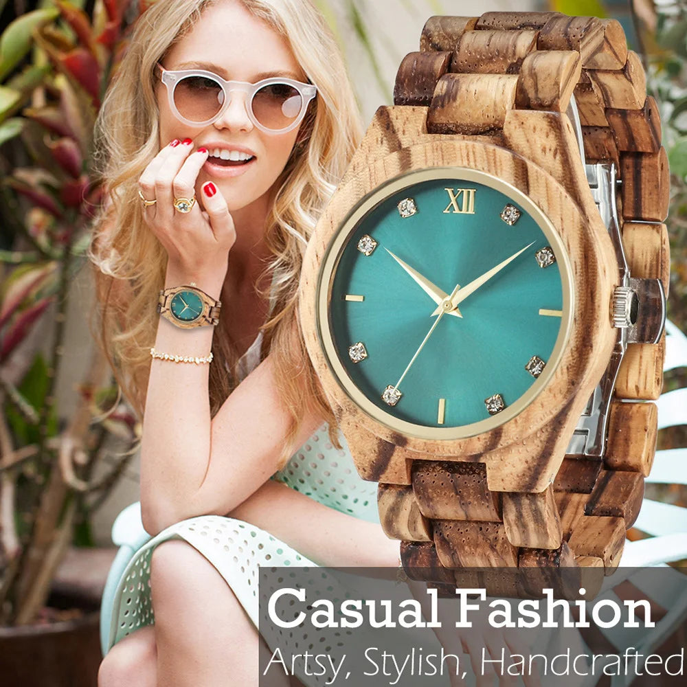 Diamond Women Watches Natural Wood Gold Dial Watch Ladies Wrist Watches Luxury Brand Rhinestone Womens Wooden Bracelet Watches