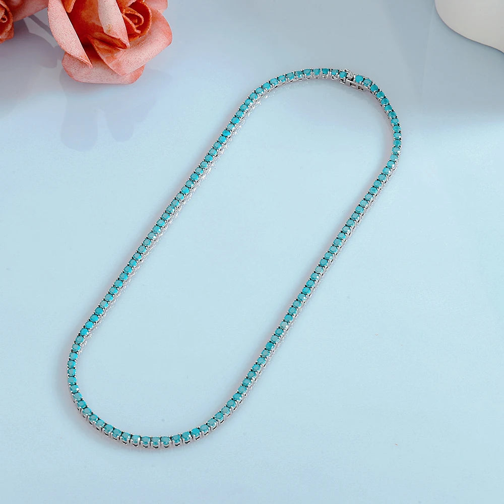 Turquoise Blue 3mm Stone Real 925 Sterling Silver Tennis Chain Necklace Choker 18K Gold/Rhodium Plated 16-24 Inch Fine Jewelry