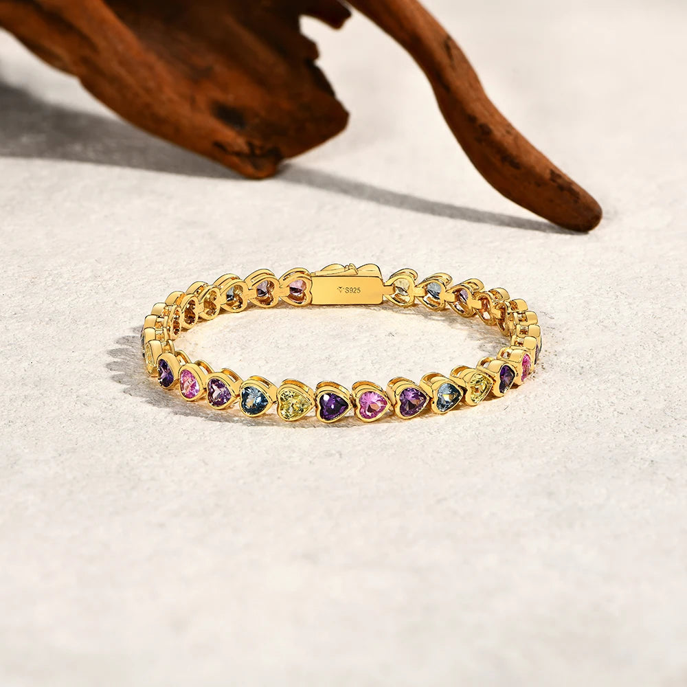 ATTAGEMS Heart-shape Sapphire Colorful Bracelet S925 Sterling Silver 18K Gold Plated Zircon For Women Engagement  Party  Jewelry