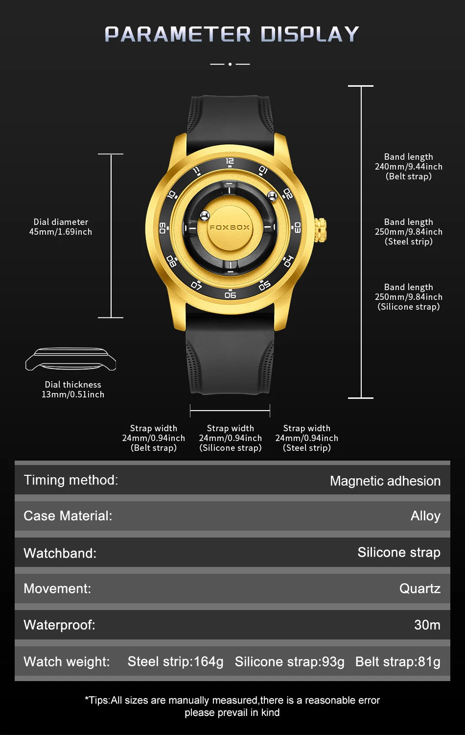 FOXBOX Watch Personalized Fashion Floating Magnetic Pointer Free Ball Bearing Creative Simple Waterproof Quartz Watch for Men