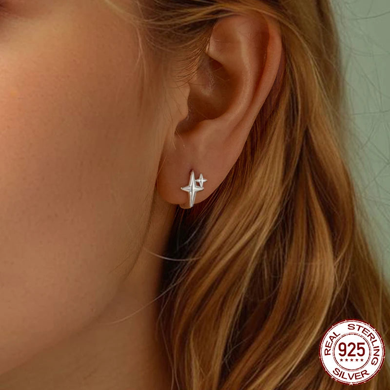 BAMOER Solid 925 Sterling Silver Starlight Hoop Earrings for Women Teens Double Star Huggie Earrings Minimalist Fine Jewelry