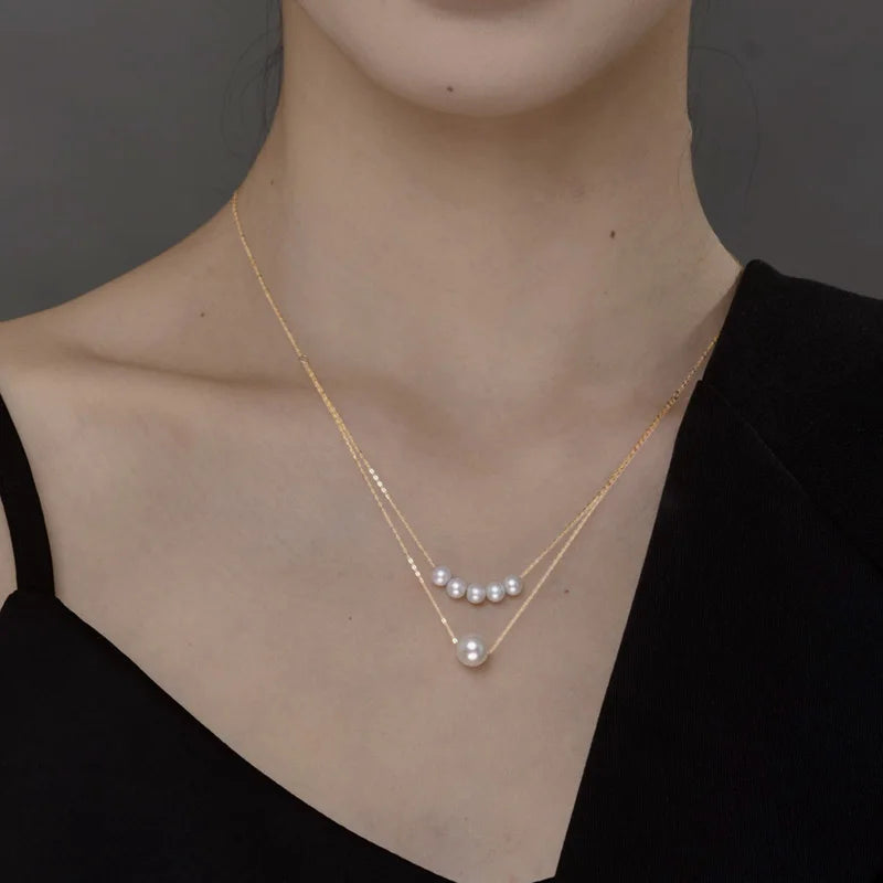 NYMPH Real 18K Gold Akoya Pearl Necklace Au750 Fine Jewelry White Round Aniversary Gift For Women Double Layer X529