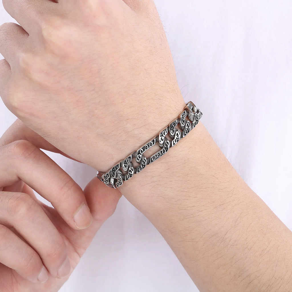 Fongten Tie Stainless Steel Men's Bracelet Mysterious Egyptian Pattern Hollow Chain Punk Rock Halloween Gift Fashion Jewelry