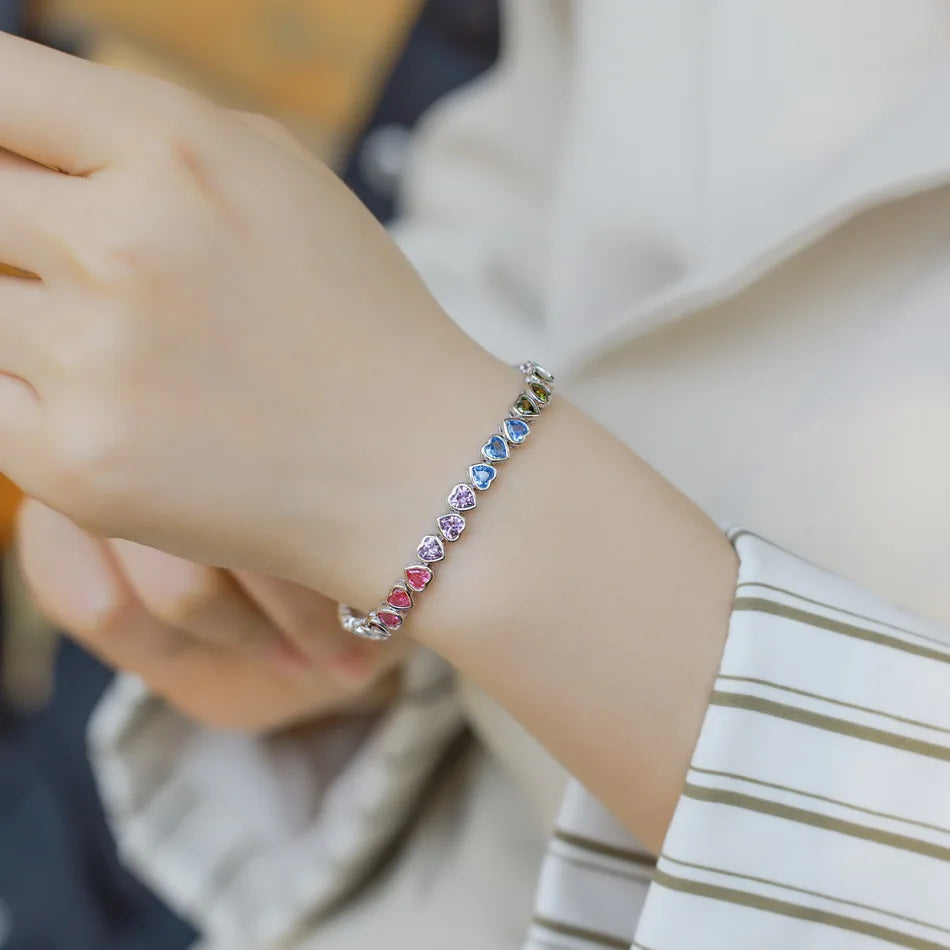 ALLNOEL 925 Sterling Silver Tennis Bracelet Colorful Rainbow CZ Heart Shaped Zircon Bracelet For Women Fine Jewelry Wholesale