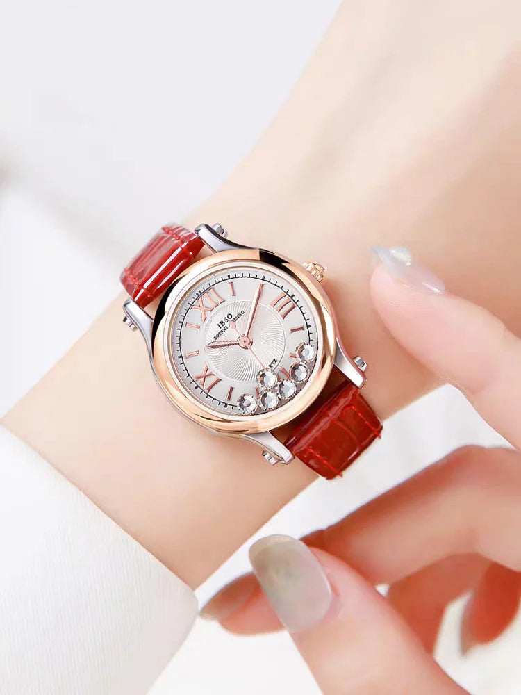 Women's Watch Japan Quartz Hours Fine Fashion Dress Clock Real Leather Luxury Happy Moving Rhinestones Girl's Gift