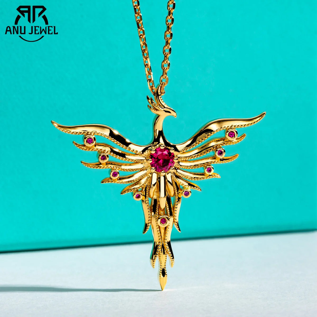 AnuJewel Phoenix Yellow Gold Plated Pendant Mythology Classic of Mountains and Seas 50cm 925 Sterling Silver Necklace Jewelry