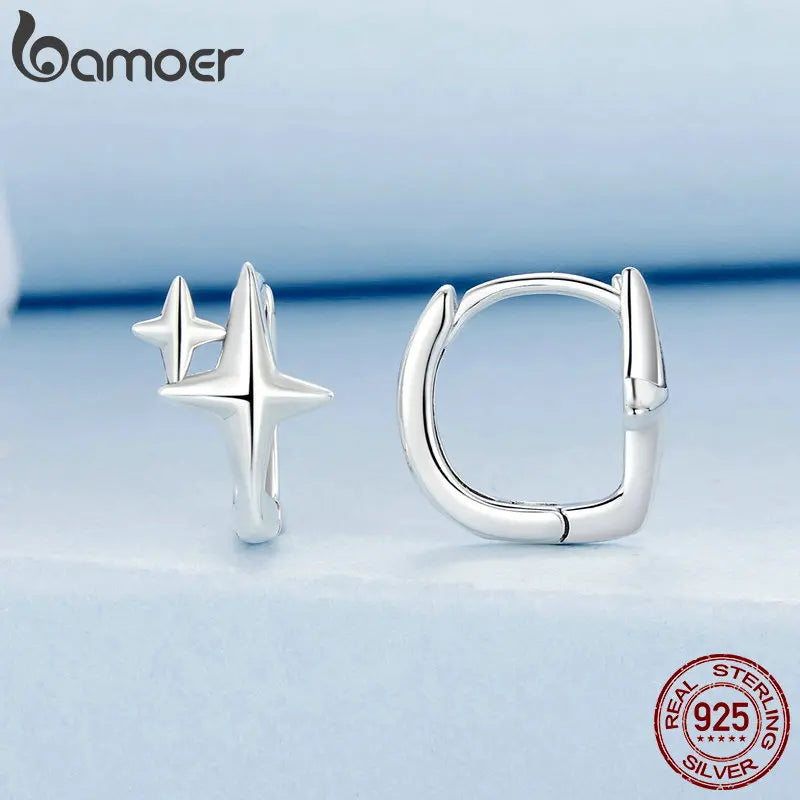 BAMOER Solid 925 Sterling Silver Starlight Hoop Earrings for Women Teens Double Star Huggie Earrings Minimalist Fine Jewelry