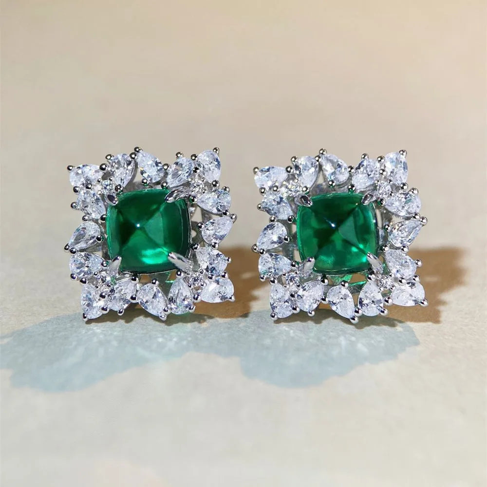 Luxury white gold solid platinum PT950 Earrings Women's Sugar Tower Emerald Luxury Full Diamond Inlaid Earrings Banquet Style