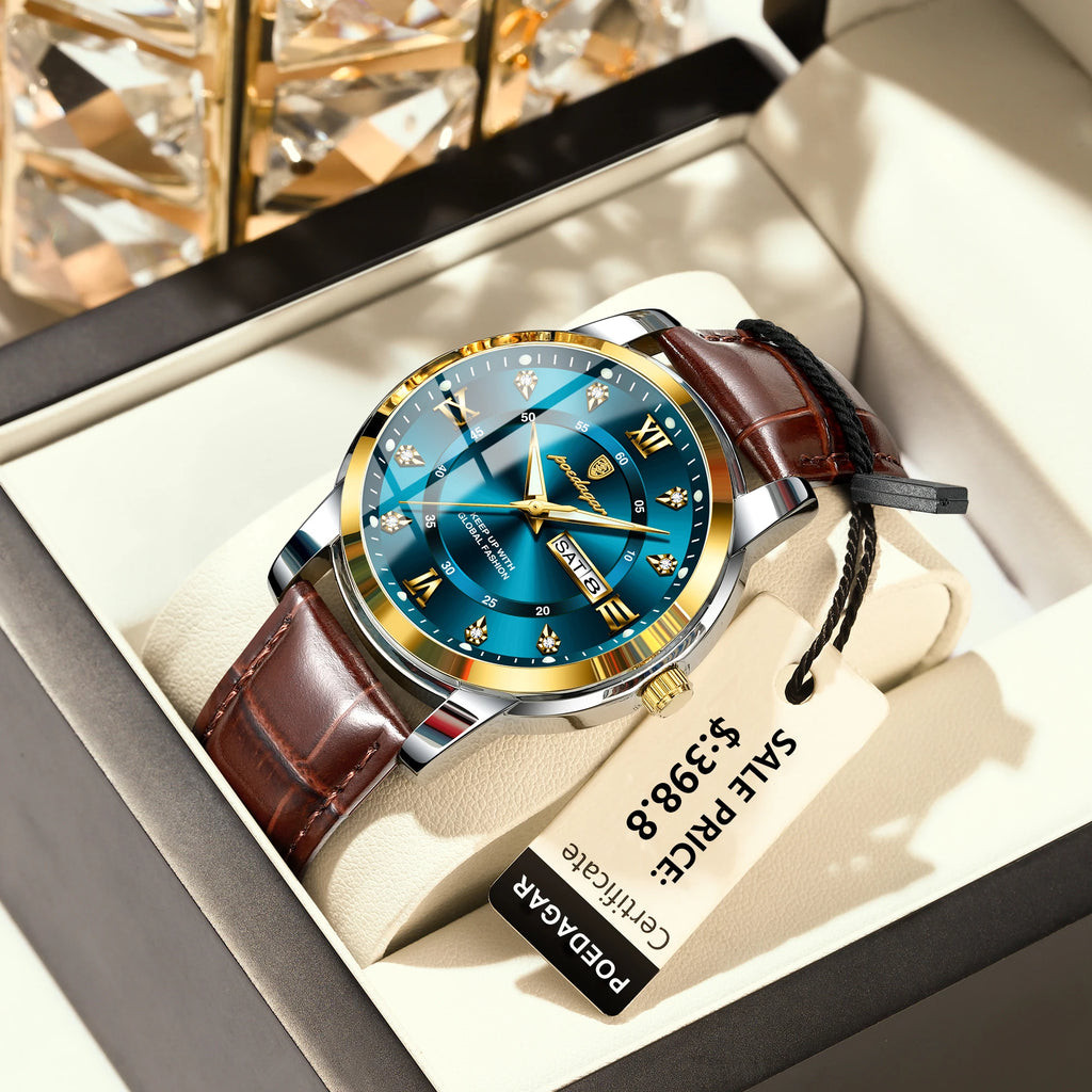 POEDAGAR Top Luxury Man Watch Date Week Waterproof Luminous Leather Men Wristwatch Casual Male Clock Sports Men's Quartz Watches