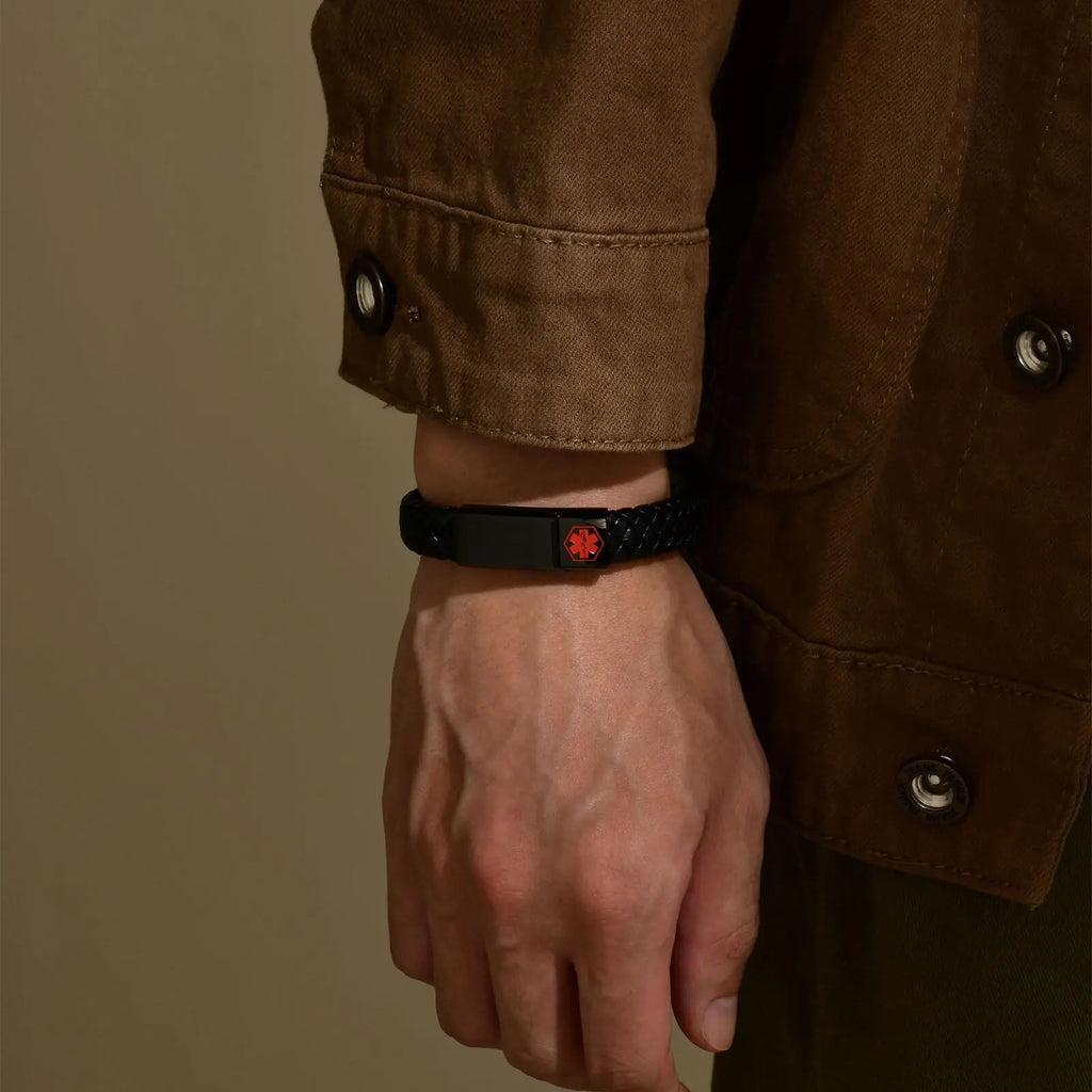 Red Medical Men's Bracelet,Black Genuine Leather ID Bracelet,Type 1/2 Diabetes Alzheimer Epilepsy Customize Bracelet for Dad