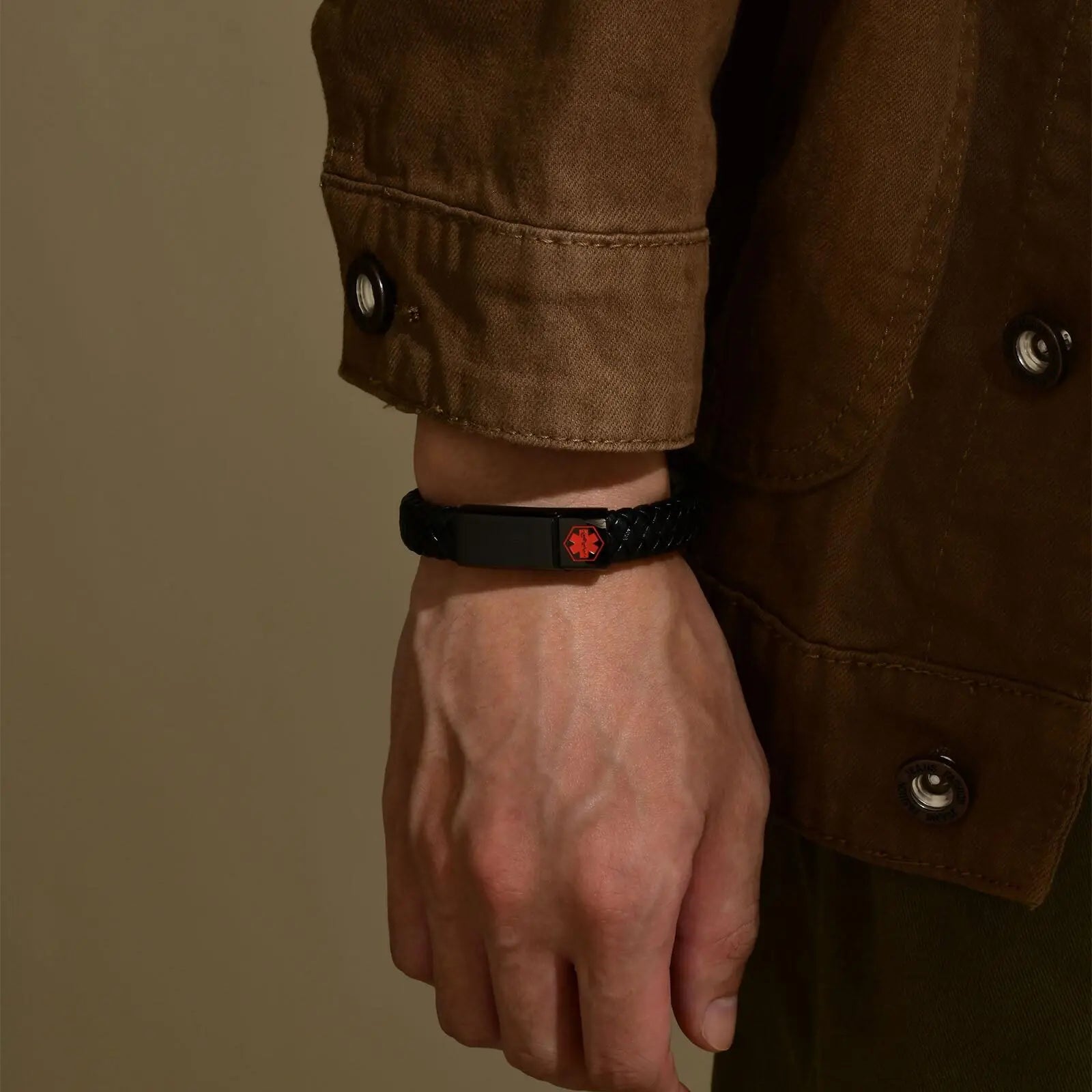 Red Medical Men's Bracelet,Black Genuine Leather ID Bracelet,Type 1/2 Diabetes Alzheimer Epilepsy Customize Bracelet for Dad