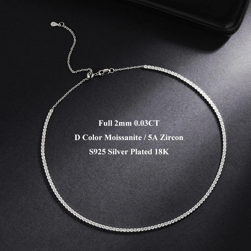 EWYA Full 2mm 0.03CT D Color Moissanite Tennis Necklace for Women Lady S925 Silver Plated 18K Gold Neck Chain Choker Necklaces