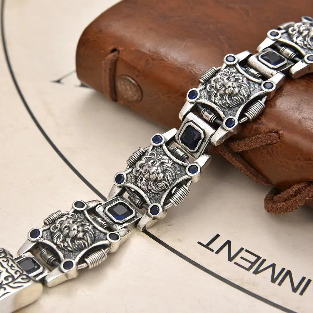 New China-Chic Men's Personality Lion Hegemony Bracelet Wide Edition Blue Diamond Bracelet Jewelry