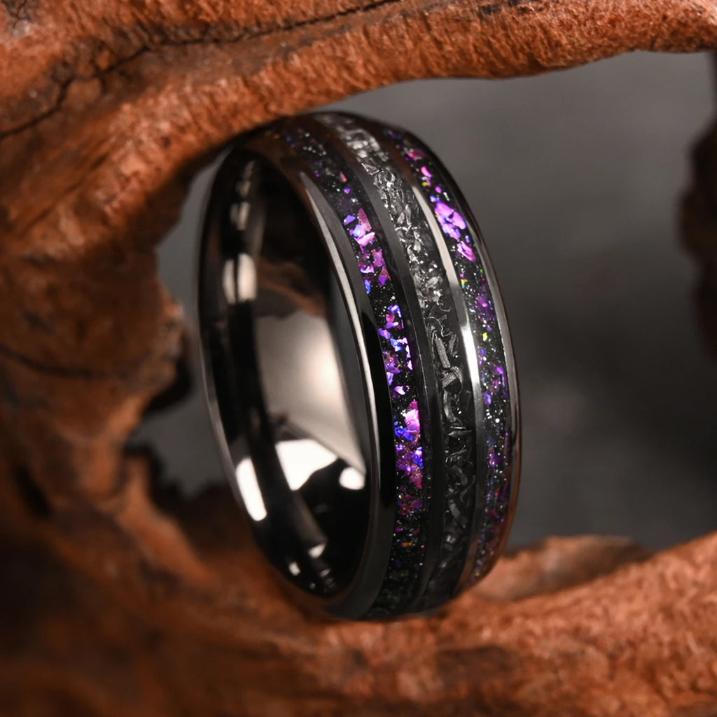 8mm Black Tungsten Carbide Ring Men's Wedding Bands, Inlaid With Meteorite Amethyst Fashion Jewelry Engagement & Wedding Ring