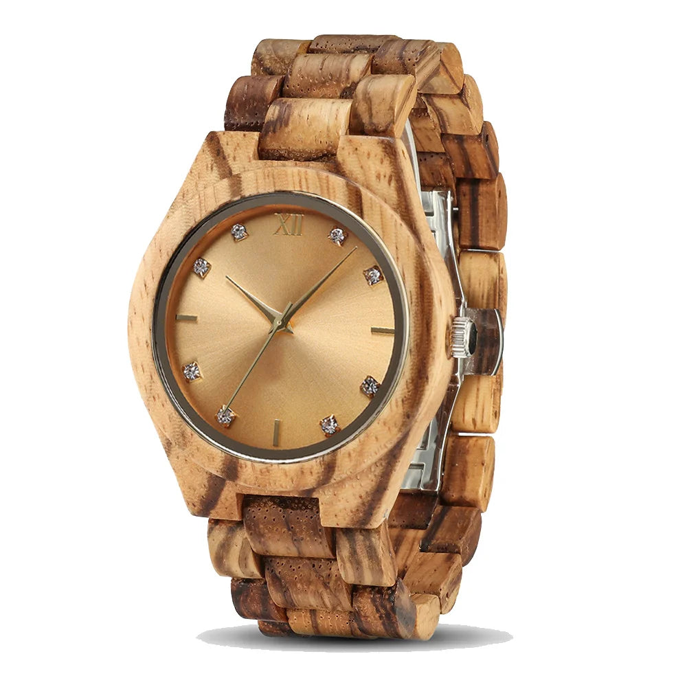 Diamond Women Watches Natural Wood Gold Dial Watch Ladies Wrist Watches Luxury Brand Rhinestone Womens Wooden Bracelet Watches