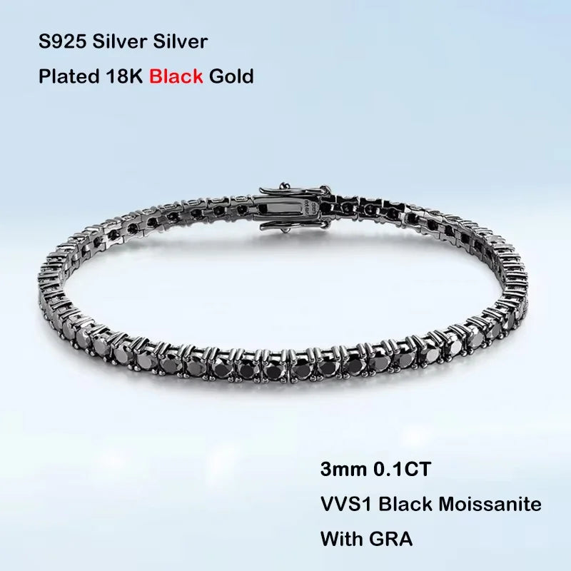 EWYA GRA Certified 3mm 0.1CT Gradient Color Black Grey White Moissanite Tennis Bracelet for Men Woman 925 Silver Link Bracelets