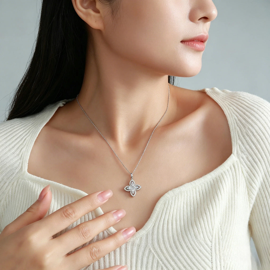 0.53ctw Four-Petal Flower Moissanite Necklace S925 Silver Mixed Baguette Round Stones Women Fashion Clavicle Chain