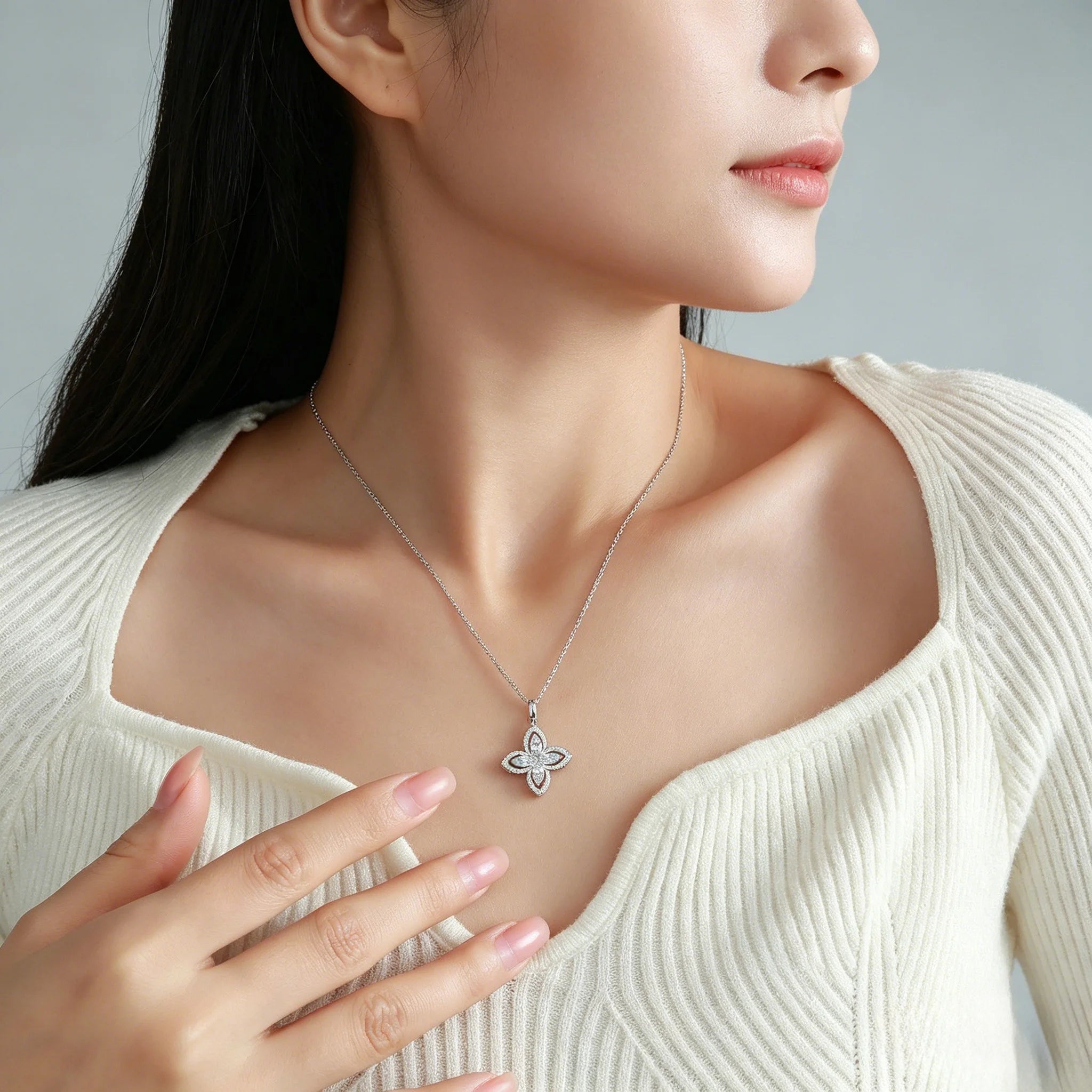 0.53ctw Four-Petal Flower Moissanite Necklace S925 Silver Mixed Baguette Round Stones Women Fashion Clavicle Chain