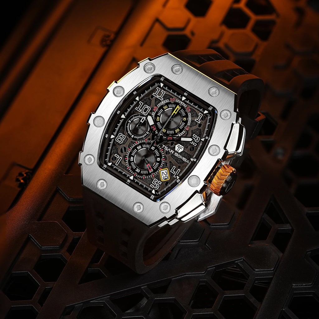 TSAR BOMBA Luxury Tonneau Quartz Watch for Men Japanese Movement, Stainless Steel Case,  Elegant Dress Wristwatch