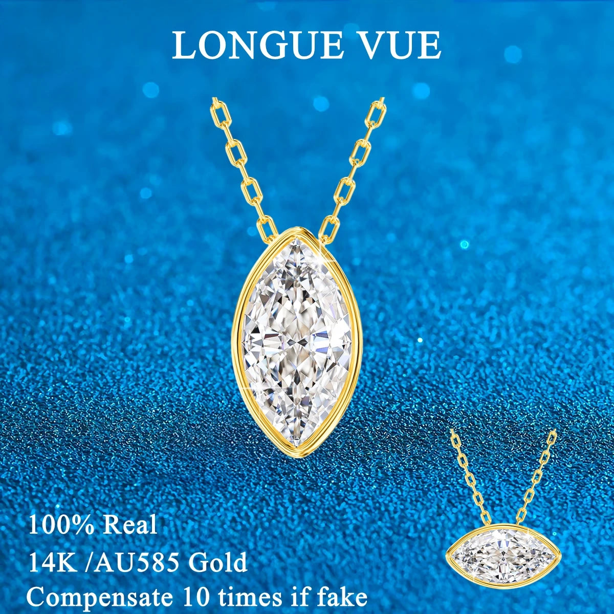 100% 14K Gold Marquise Cut Moissanite Pendant Necklace for Women Wedding Solitaire Choker Minimalist Luxury Collarbone Chain