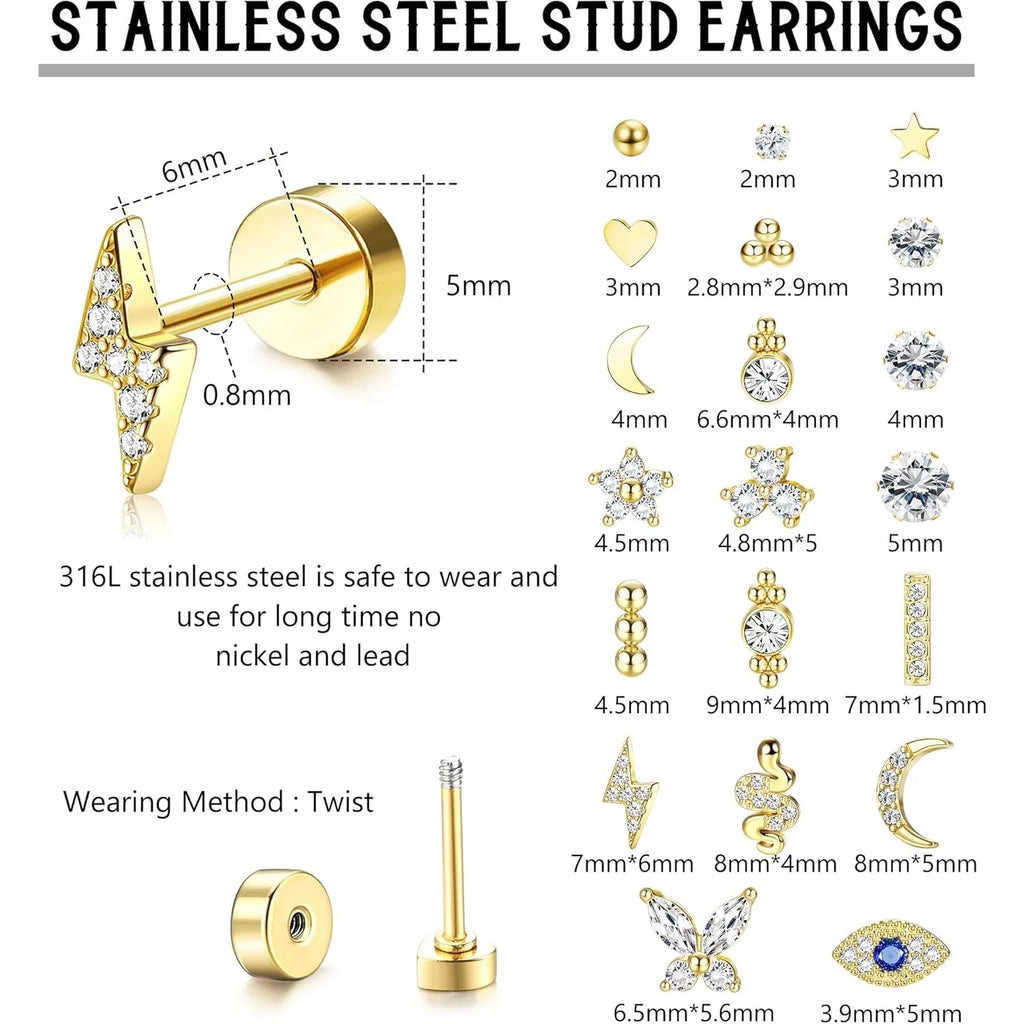 Bobisty 20PCS Flat Back Stud Earrings Surgical Steel Cartilage Earrings Tiny Ball Heart Star 20G Small Hypoallergenic Studs Set