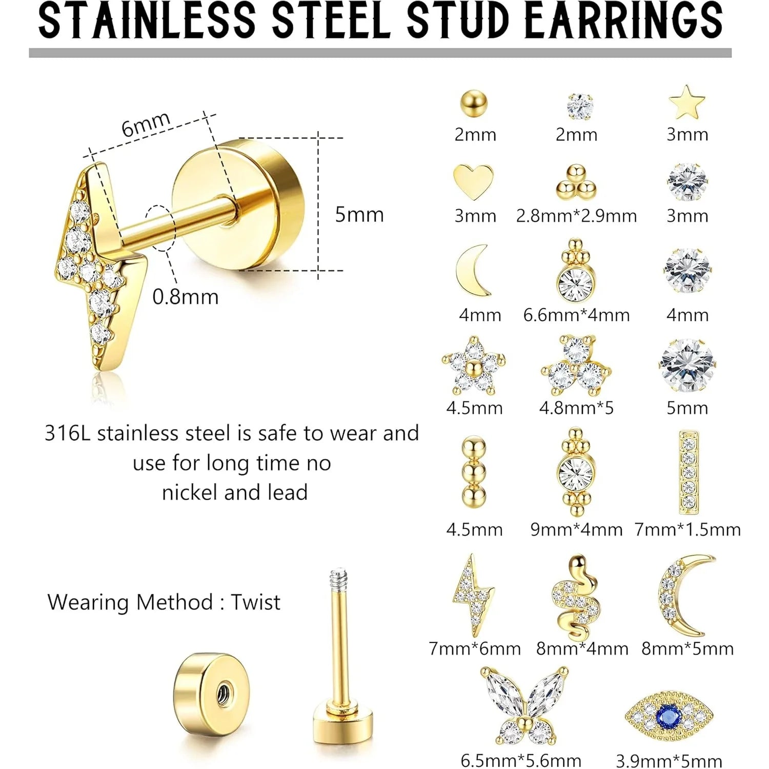 Bobisty 20PCS Flat Back Stud Earrings Surgical Steel Cartilage Earrings Tiny Ball Heart Star 20G Small Hypoallergenic Studs Set