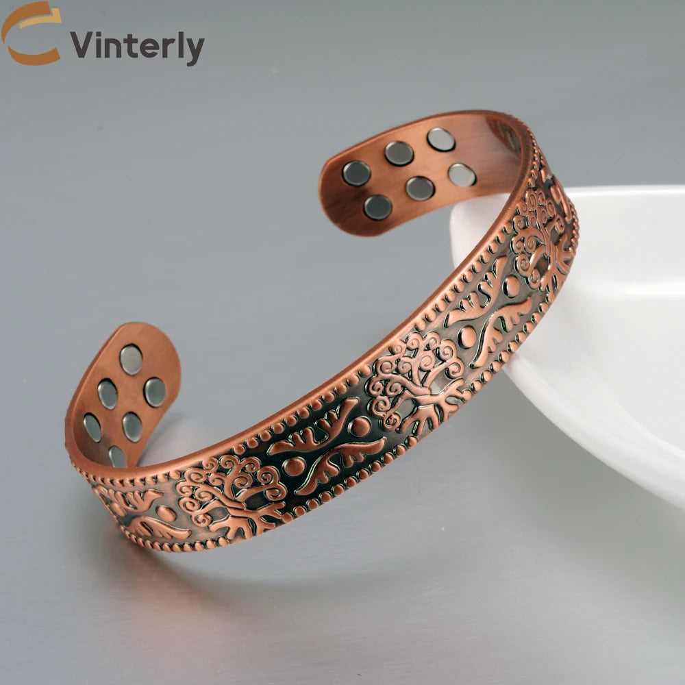 Vinterly Pure Copper Bracelets Vintage Viking Yggdrasil 15mm Adjustable Bangles Health Energy High Magnet Jewelry Male Resizable