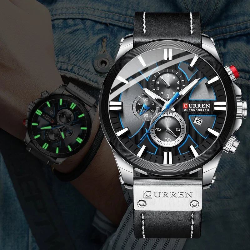 CURREN Brand Chronograph Sports Men's Watch Quartz Clock Leather Men's Luminous Watch Calendar Clock Relogio Masculino