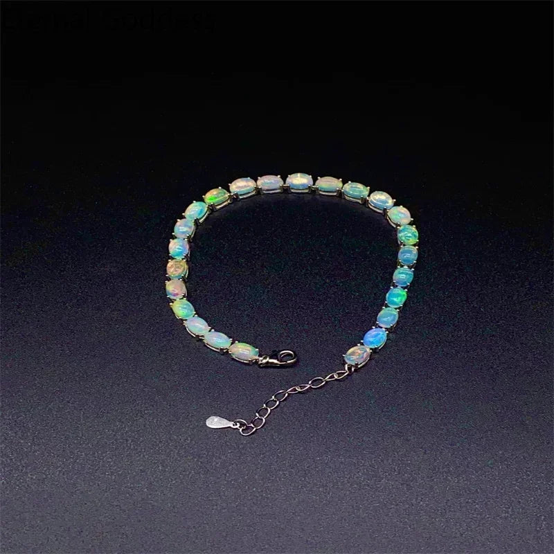 925 Sterling Silver Natural Opal Simple Bracelet Colorful Stone Bracelet Women's Fine Wedding Jewelry 24 Pc 4*6mm Fine Jewelry