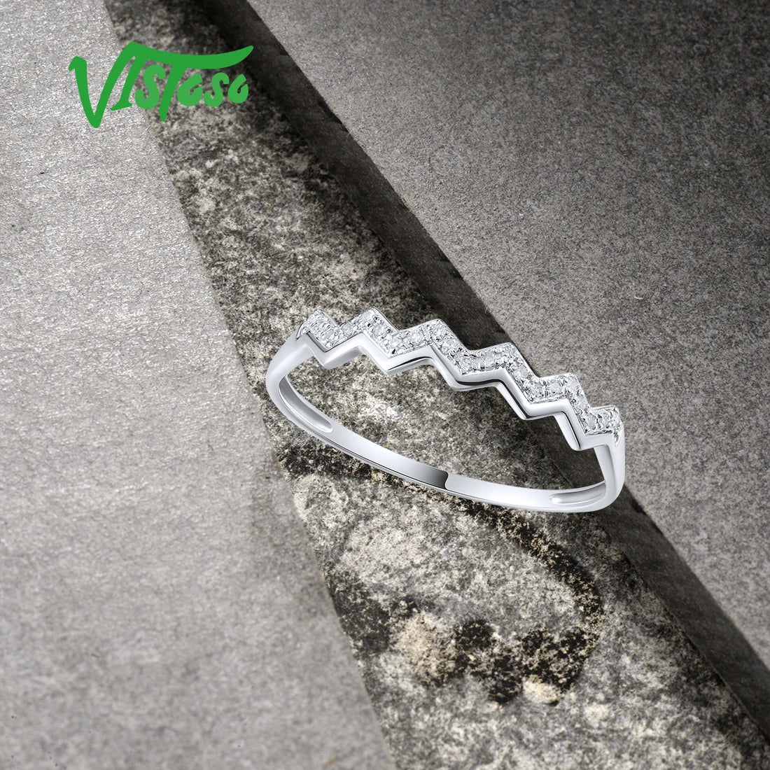 VISTOSO Pure 14K 585 Rose Yellow White Gold Ring For Women Sparkling Diamonds Stackable Engagement Delicate Wave Fine Jewelry