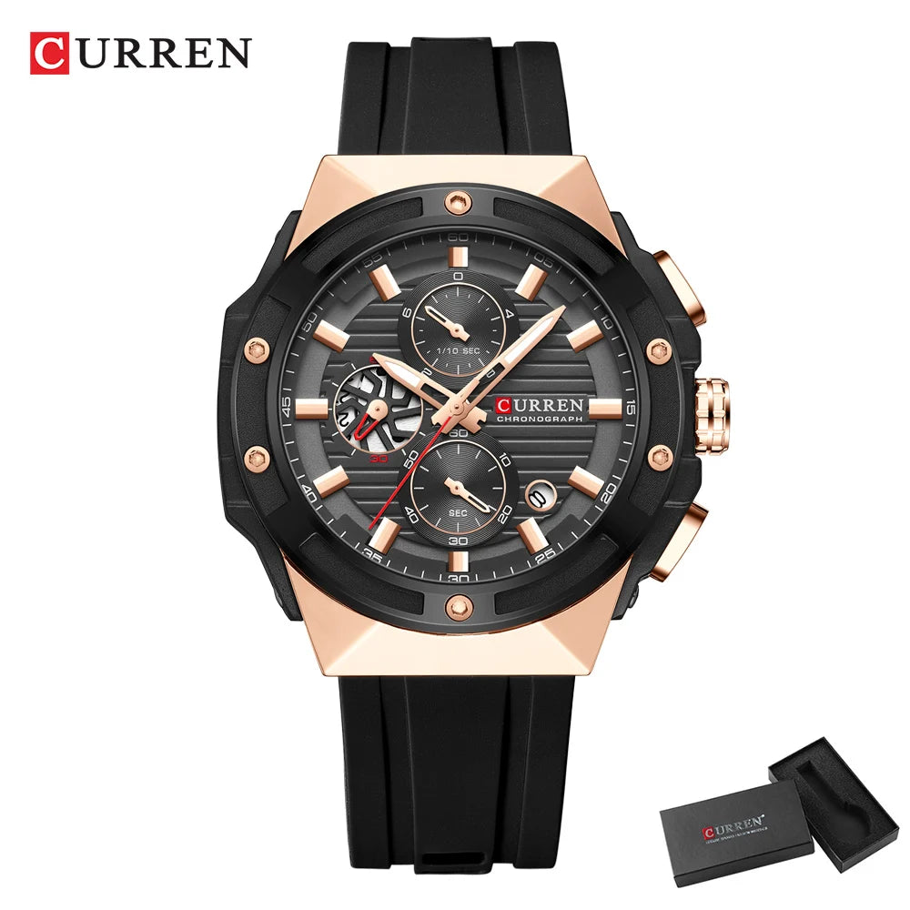 CURREN Classic Brand Men's Wristwatches Casual Business Quartz Silicone Watches with Luminous Hands Chronograph Dial
