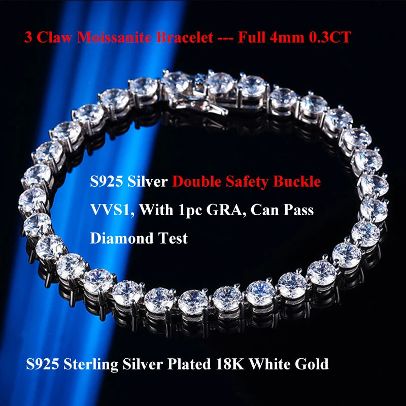 EWYA 3 Prong 2.5mm 3mm Full D Color Moissanite Diamond Tennis Bracelet for Women 925 Silver Link Chain Spring Buckle Bracelets
