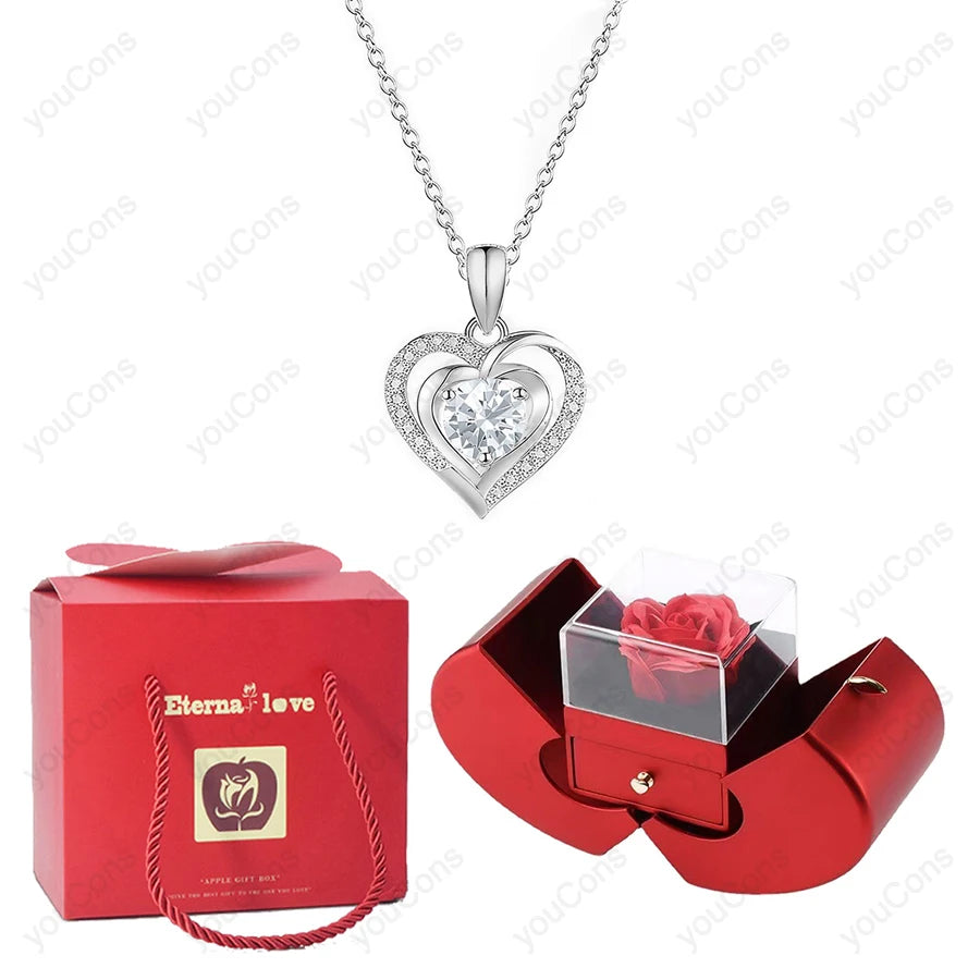Heart Zircon Necklace Pendant With Apple Gift Box 2025 New Jewelry Set For Wife Girlfriend Christmas Valentine Anniversary Gift