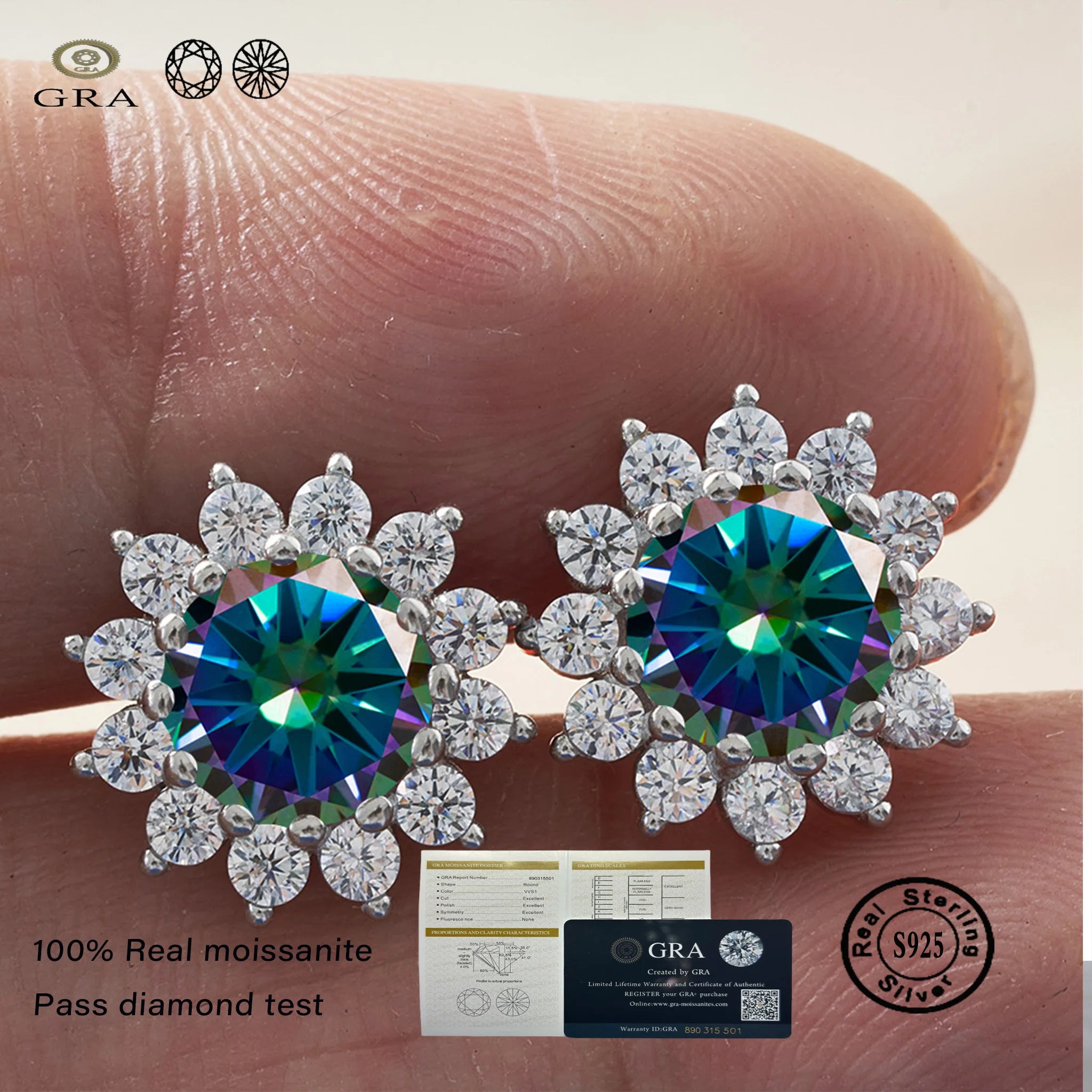 1.0 Ctx2 Pcs D Color VVS Women Moissantie Stub Earring 925 Sterling Silver Female Jewelry Women's Wedding Party Dating Gift