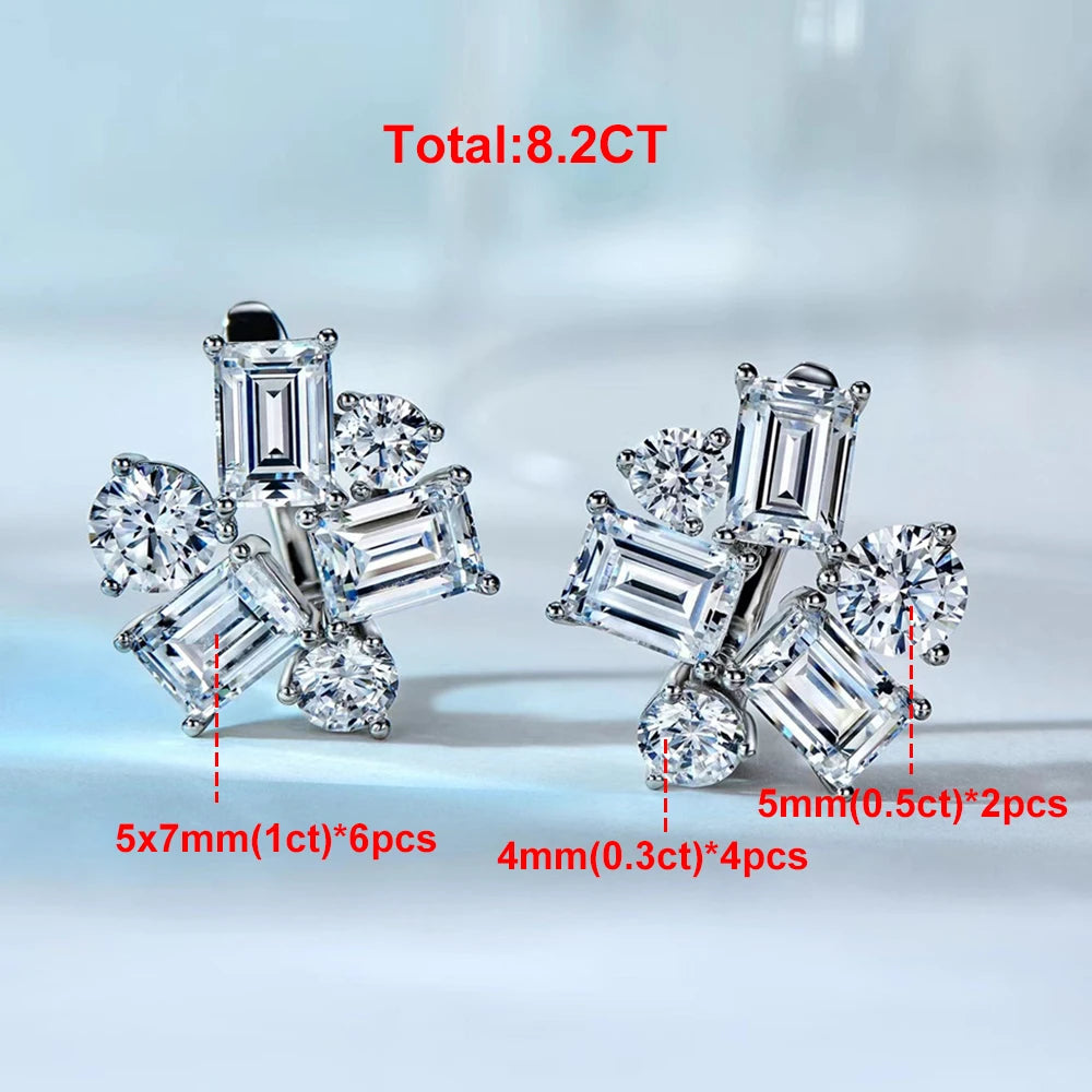 Emerald&Round Cut All Moissanite Hoop Earrings for Women S925 Silver Sparkling Multi Stone Diamond Stud Earrings Wedding Jewelry