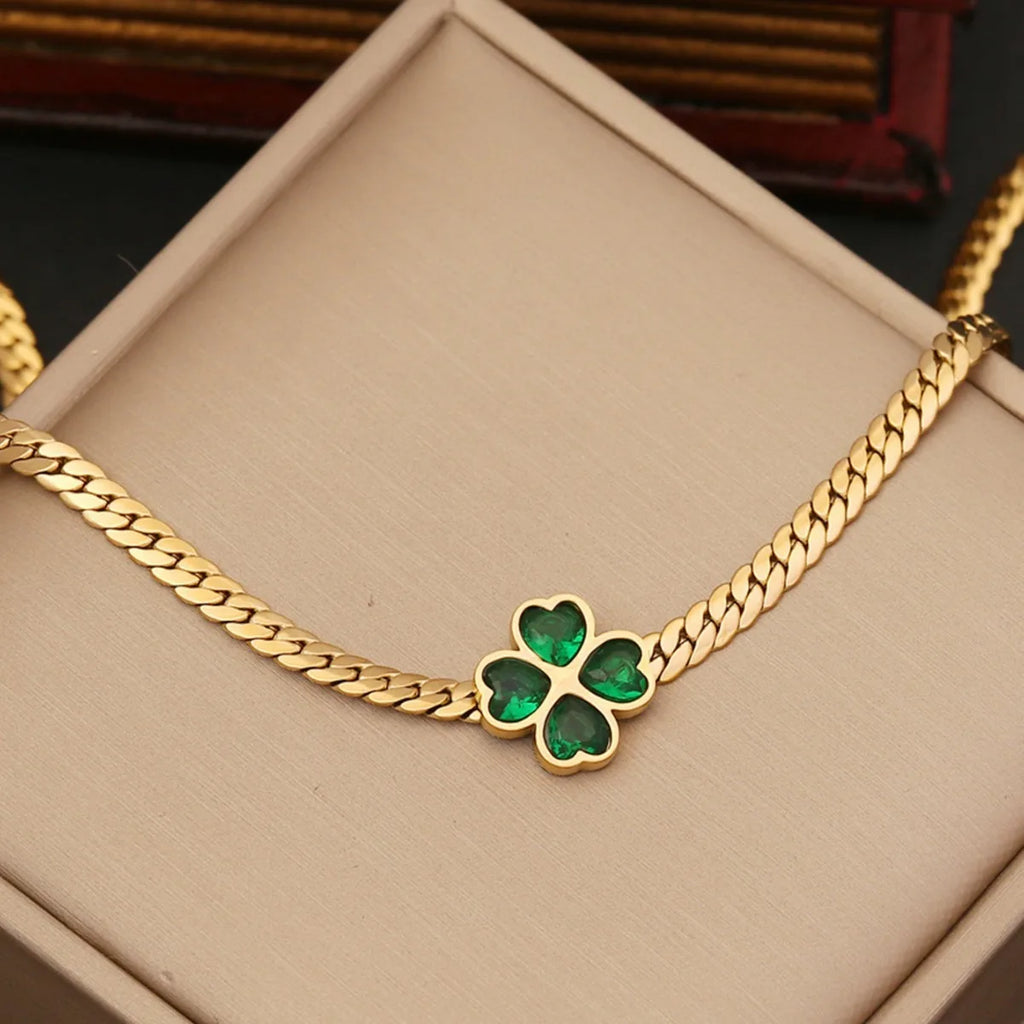Gold Color High-end Four Leaf Clover Inlaid Zircon Necklace Bracelet Earring Set Stainless S Teel Luxury Women's Jewelry