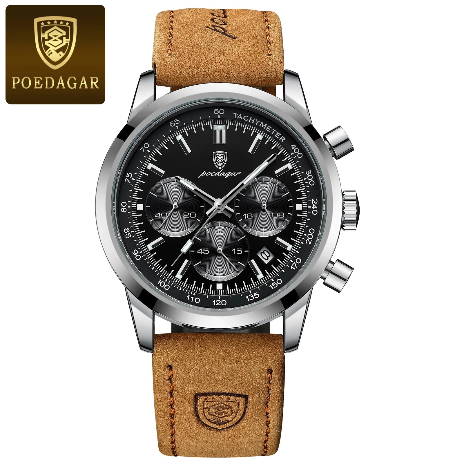 POEDAGAR Luxury Men's Quartz Wristwatch Chronograph Date Leather Man Watch Waterproof Luminous High Quality Fashion Men Watches