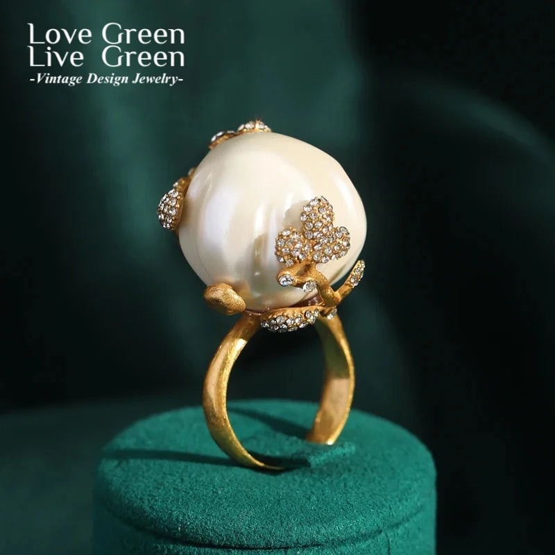 Vintage Bridal Baroque Freshwater Pearl Rings For Woman Adjustable Rhinestones Gold Color Brass Open Jewelry Accessories Wedding