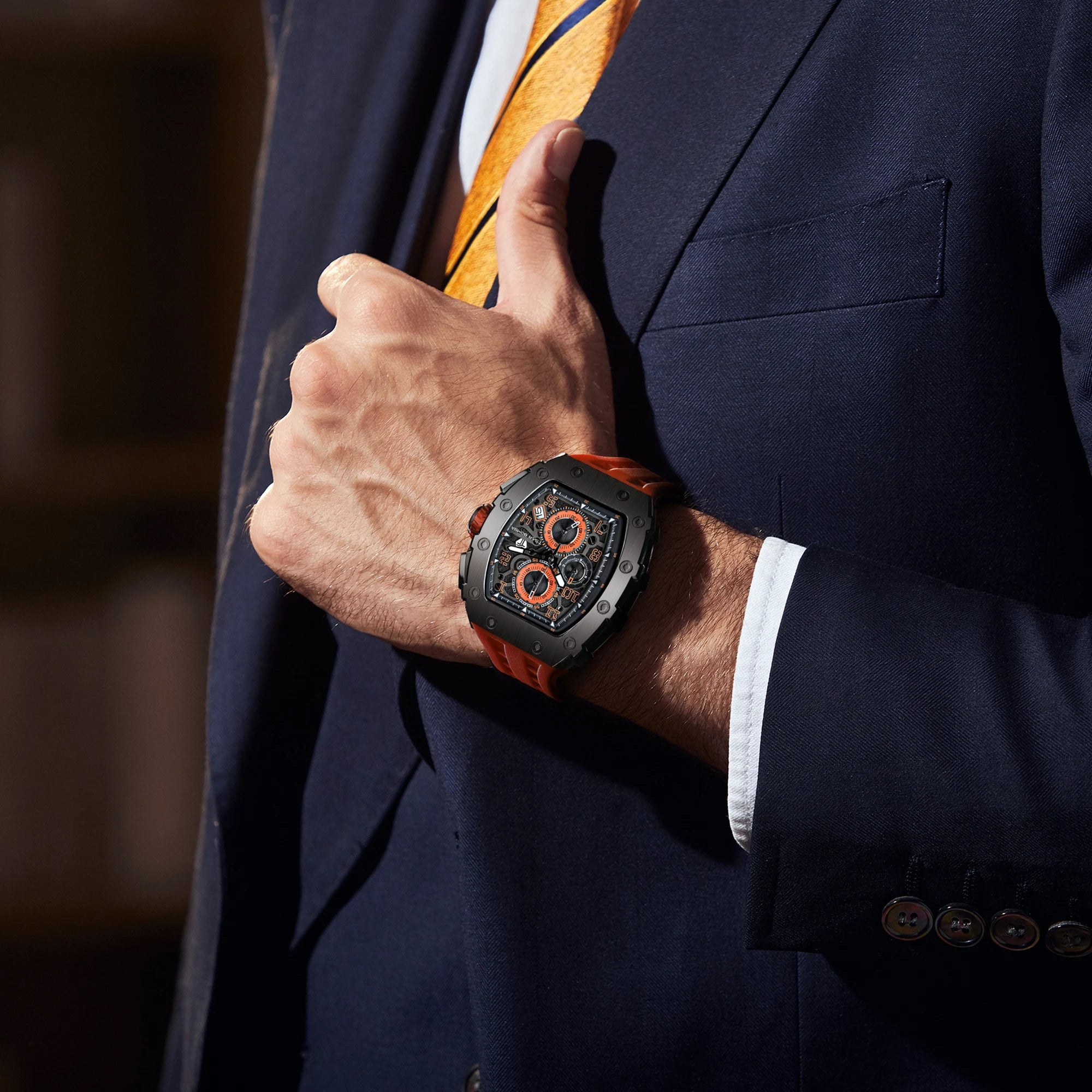 TSAR BOMBA Luxury Tonneau Quartz Watch for Men Japanese Movement, Stainless Steel Case,  Elegant Dress Wristwatch