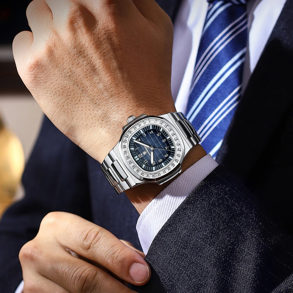 POEDAGAR Luxury Square Watches for Men Waterproof Luminous Date Man Wristwatch Stainless Steel Fashion Men's Quartz Watch Reloj