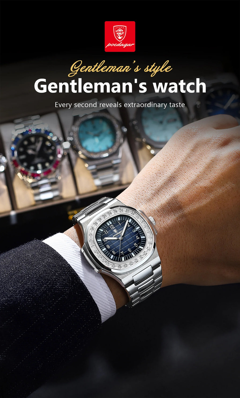 POEDAGAR Luxury Square Watches for Men Waterproof Luminous Date Man Wristwatch Stainless Steel Fashion Men's Quartz Watch Reloj