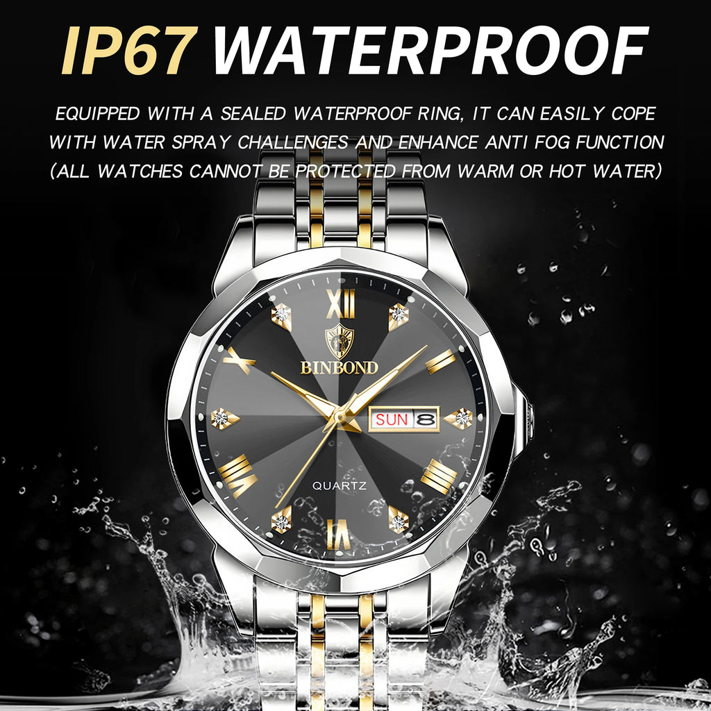 BINBOND Taper Glass Luxury Quartz Wristwatches For Men Luminous Waterproof Precise Durable men's Watch Stainless Steel Reloj