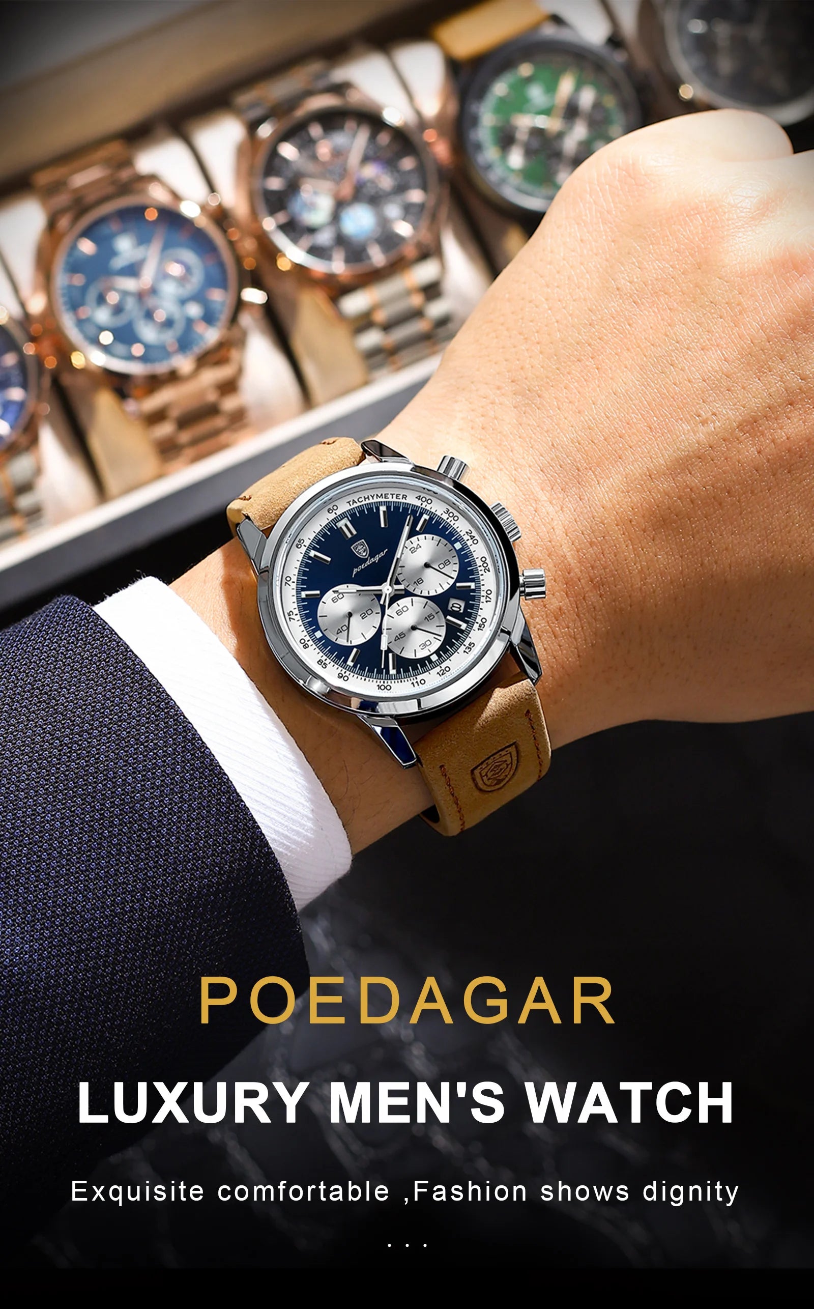 POEDAGAR Luxury Men's Quartz Wristwatch Chronograph Date Leather Man Watch Waterproof Luminous High Quality Fashion Men Watches