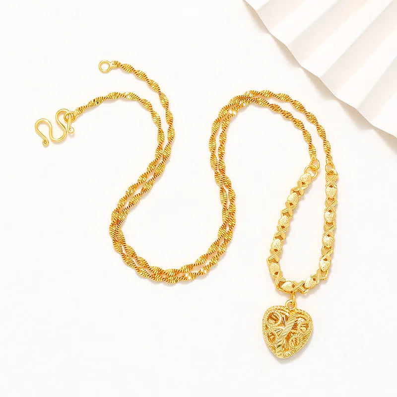 Fashion 24K real gold Heart pendant water wave chain collar senior sense 999 gold vintage quality exquisite love necklace women