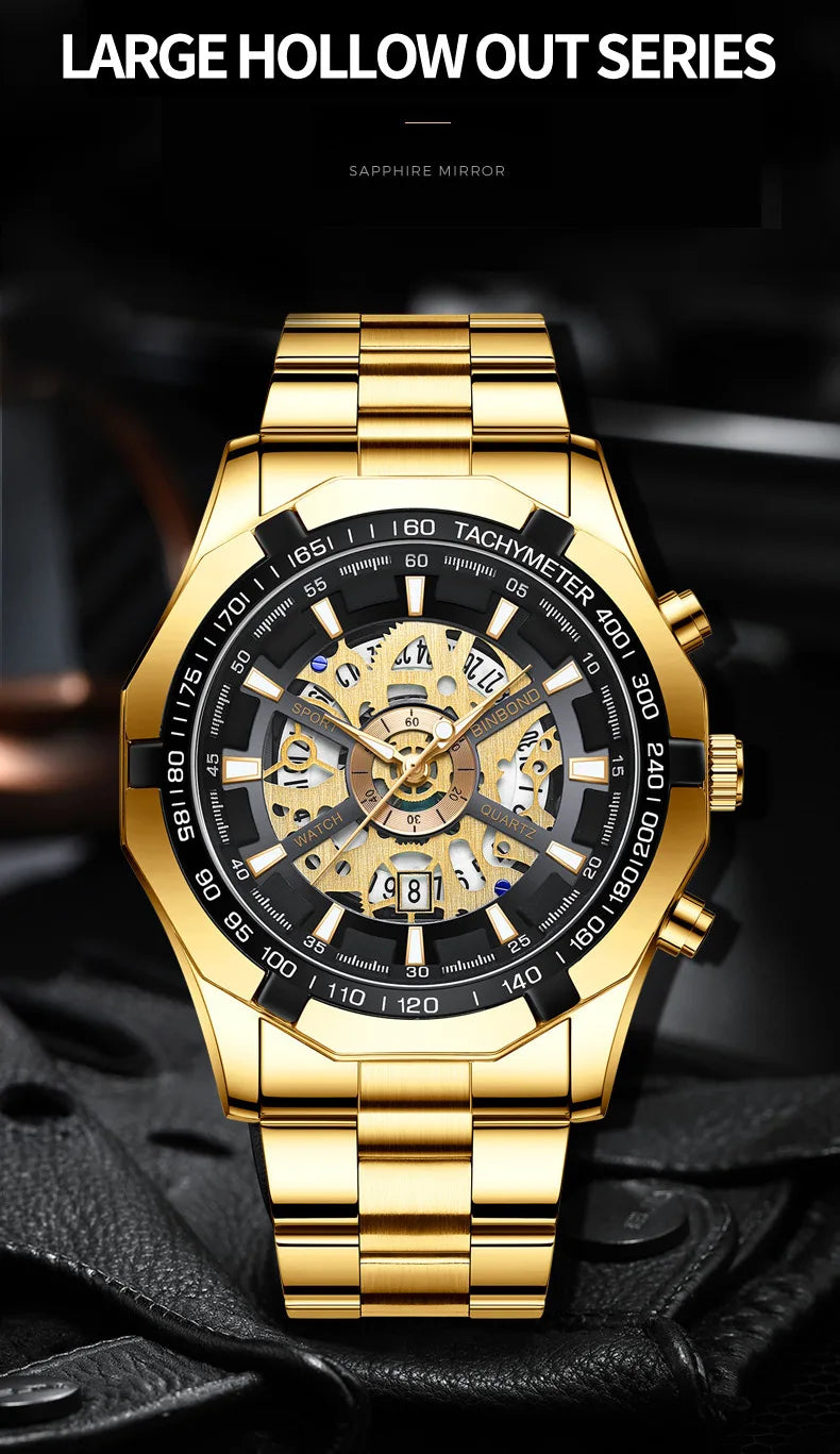 UTHAI Men Watch Light Luxury Brand Business Hollow Luminous Waterproof Stainless Steel Metal Strap Male fashion Quartz Watches