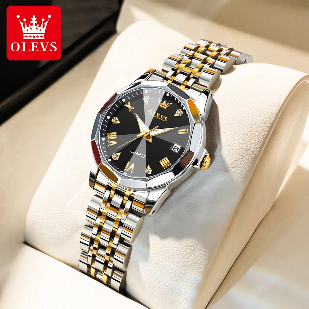 OLEVS Women Watches Elegant Luxury Stainless Steel Strap Original Quartz Wristwatch for Man Waterproof Luminous Date Trend Dress