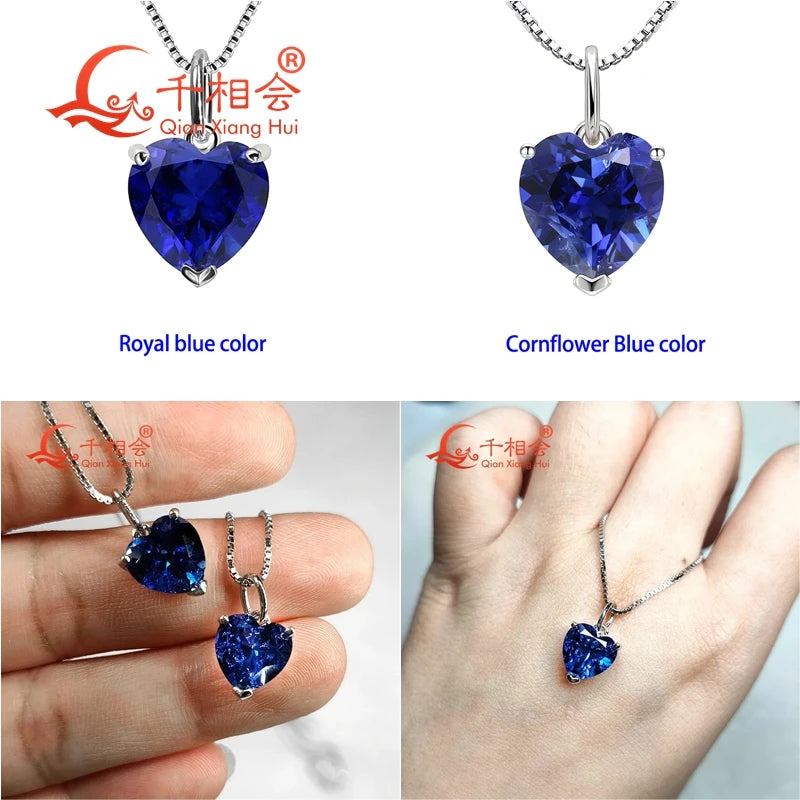 3.6ct 9*9mm S925 Silver Heart Shape Lab Grown Royal Blue/Cornflower Sapphire Pigeon Blood Red Inclusions Stone Pendant Necklace