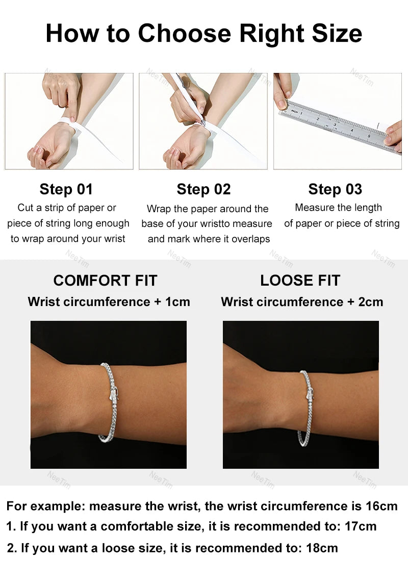 NeeTim 2mm D Color Moissanite Tennis Bracelet 925 Sterling Silver with White Gold Plated Bracelets for Women Pass Diamond Tester