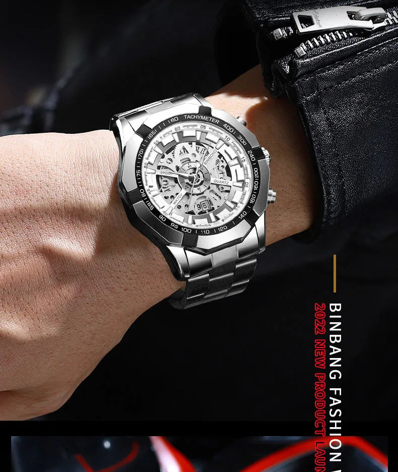 UTHAI Men Watch Light Luxury Brand Business Hollow Luminous Waterproof Stainless Steel Metal Strap Male fashion Quartz Watches